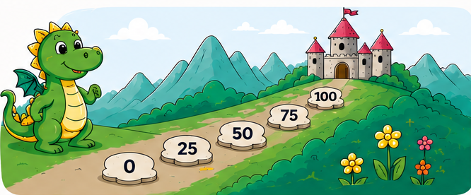 Illustreret dragesti med tallene 0, 25, 50, 75 og 100.